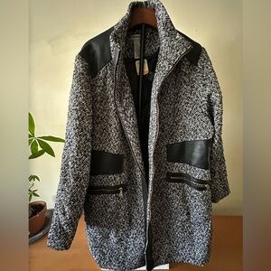 Black and White Herringbone Jacket with Leather Accents